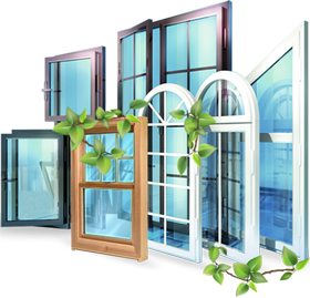 Illustration of coloured vinyl windows in different shapes with green leaves